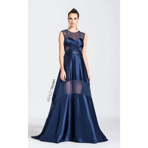 $880 Navy Satin & Sheer Illusion Bodice Gown Crisscross Floor Length sz 6 Prom